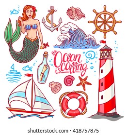 beautiful colorful set on the marine theme. Mermaid and the lighthouse. hand-drawn illustration