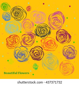 Beautiful colorful sketches of roses. Background with hand drawn elements . Illustration with yellow , red , blue , green , purple rose for cards or print on fabric . Floral background