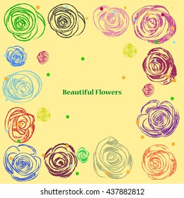 Beautiful colorful sketches of roses. Background with hand drawn elements . Illustration with  red , blue , green , purple rose for cards or print on fabric . Floral background
