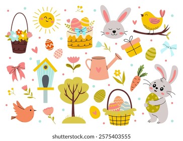 A Beautiful and Colorful Spring Easter Illustration Depicting a Joyful Scene with Bunnies and Eggs