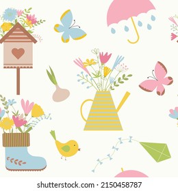 Schönes buntes Sommermuster mit Cartoon-Elementen für Geschenkkarten und Einladungen. Dekorativset mit Häusern, Schmetterling und Schirm für saisonales Design