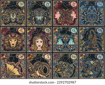 Bonitas tarjetas cuadradas de colores con signos de zodiaco y flores de estilo victoriano ornamental. Patrón transparente