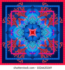 Beautiful colorful squared geometric pattern with Indian art motifs. Arabesque ornament and corals on blue background. Oriental textile collection.