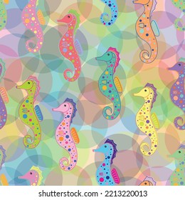 Beautiful Colorful Stained Glass And Cartoon Sea Horse Backgroun Seamless Pattern