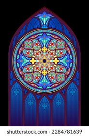 Beautiful colorful stained glass window. Gothic rose in medieval cathedral. Gothic architectural style. Architecture in France churches. Middle ages in Western Europe. Vector drawing.