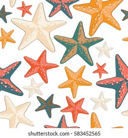 Beautiful colorful starfish seamless pattern. Vector illustration on white background