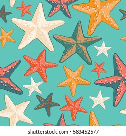 Beautiful colorful starfish seamless pattern. Vector illustration on turquoise background