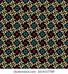 Beautiful colorful strict seamless pattern. Overlapping art forms, stripes, polygons, segments are grouped and arranged in a certain order. Vector. 