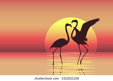 Beautiful colorful sunset scene with flamingo couple silhouettes. Vector illustration