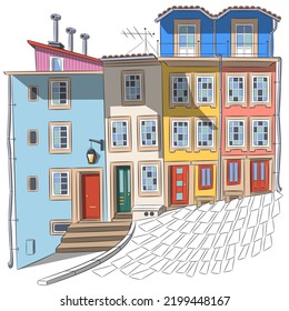 Beautiful colorful traditional houses in Porto. Vector drawing.