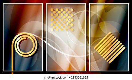 Beautiful colorful triptych. Golden art elements, translucent wavy stripes against the background of a chaotic mixture of colors. Three images in white thin frames. Vector. 