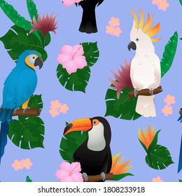 
Beautiful, colorful, tropical, seamless vector pattern with tropical birds, parrots and exotic plants.