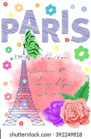 Beautiful and colorful T-shirt graphic design with "Paris" text, hand-drawn, watercolor roses, different flowers and a butterfly on a pink background - Vector and illustration