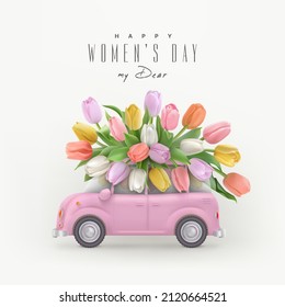 Beautiful colorful tulips on roof of pink toy car and a ribbon behind it. Text Happy Women's day my dear. Vector illustration svg