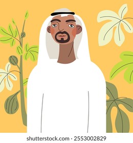 Beautiful colorful vector arabic person portrait illustration. Floral elements at the background. Friendly face