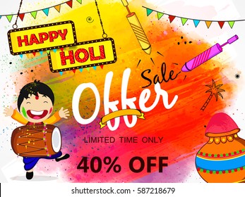 Beautiful and Colorful Vector Illustration based on Sale, Offer or Discount Banner, Poster or Flyer Design for the celebration of Hindu Festival Holi. 