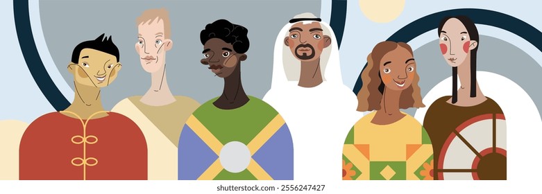 Beautiful colorful vector multicultural group of people illustration. Geometrical elements at the background.Friendly faces