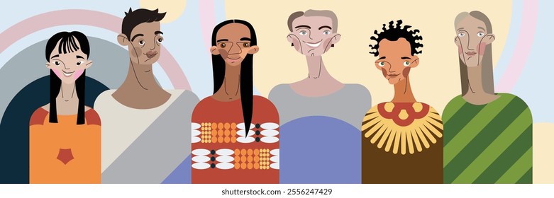 Beautiful colorful vector multicultural group of people illustration. Geometrical elements at the background.Friendly faces