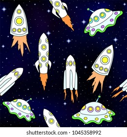 Beautiful colorful vector seamless pattern with rockes and spaceships in the space starry sky