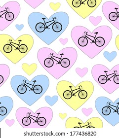 Beautiful colorful vector seamless pattern with bikes and hearts "I love bike". You can use any color of background