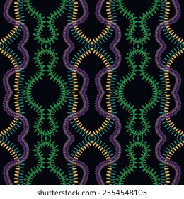 Beautiful colorful vector seamless pattern with ornamental decorative borders. Repeat backdrop in green violet black colors. Endless ornate texture. Embroidery style ornaments with stitching effect.