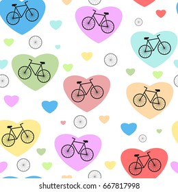 Beautiful colorful vector seamless pattern with bikes and hearts I love bike.