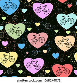 Beautiful colorful vector seamless pattern with bikes and hearts I love bike.