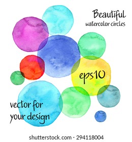 beautiful colorful watercolor circles (with paper texture and brush) - isolated hand drawn backgrounds - vector illustration