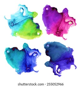 beautiful colorful watercolor prints spots and stains (with paper texture and brush) - isolated hand drawn backgrounds - vector illustration