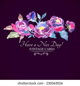 Beautiful Colorful Watercolor Rose Floral Greeting Card. Elegant vector illustration with flowers.
