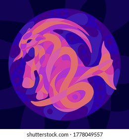 Beautiful colorful zodiac illustration for horoscope with shiny neon colored capricorn silhouette on the dark blue background