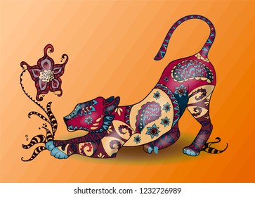 Beautiful colorfull zentangle lion on orange background