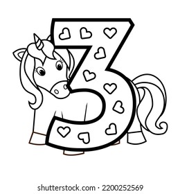 Beautiful coloring book for children with a unicorn and the number three.