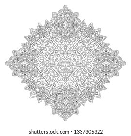 Beautiful coloring book page with abstract linear pattern with heart shape on white background
