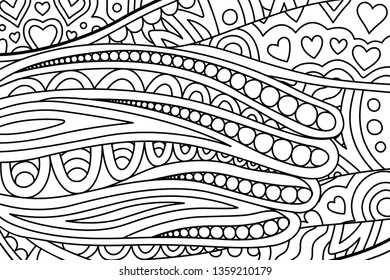 Beautiful coloring book page with abstract monochrome linear pattern with hearts shapes