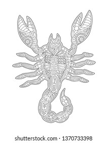 Beautiful coloring book page with black and white zodiac symbol Scorpio on white background