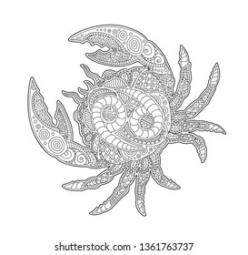 Beautiful coloring book page with cancer silhouette and zodiac symbol on white background