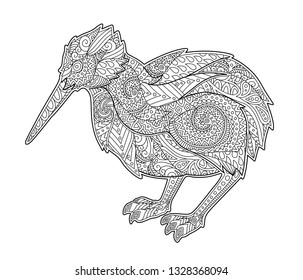 Beautiful coloring book page with cartoon kiwi on white background
