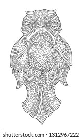 Beautiful coloring book page with decorative owl on white background