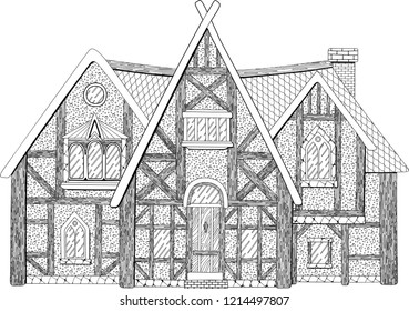 Beautiful coloring book page with detailed medieval building on white background