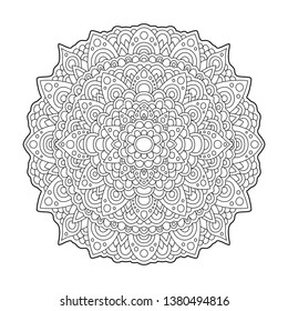 Beautiful coloring book page with detailed abstract round monochrome pattern isolated on white background