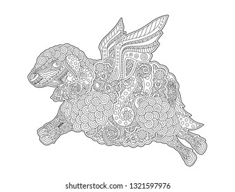 Beautiful coloring book page with funny flying sheep on white background