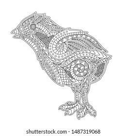Beautiful coloring book page with funny cartoon chicken silhouette on white background