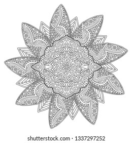 Beautiful coloring book page with linear floral pattern on white backgrond
