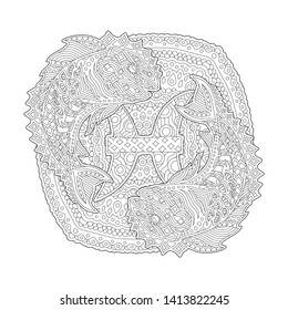 Beautiful coloring book page with monochrome zodiac sign pisces on white background