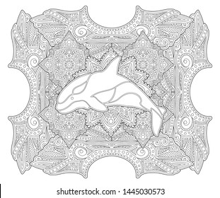 Beautiful coloring book page with orca silhouette on abstract linear background