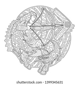 Beautiful coloring book page with saggitarius zodiac symbol on white background