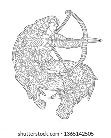 Beautiful coloring book page with sagittarius silhouette on white background