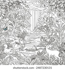 a beautiful coloring forest page 