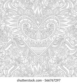 Beautiful coloring with an openwork heart with wings and floral pattern. Heart in the style of Doodle coloring. Anti-stress pattern coloring pages for children. Zentangle coloring book page